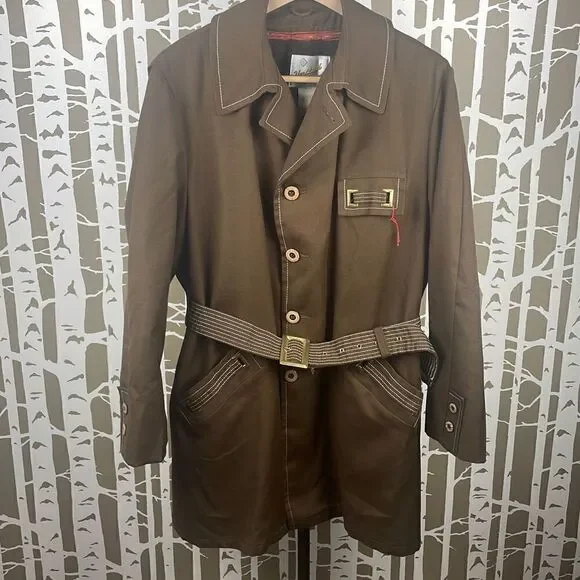 Vtg Deadstock 70s Brown Belted Jacket w Removable Faux Fur Lining 42
