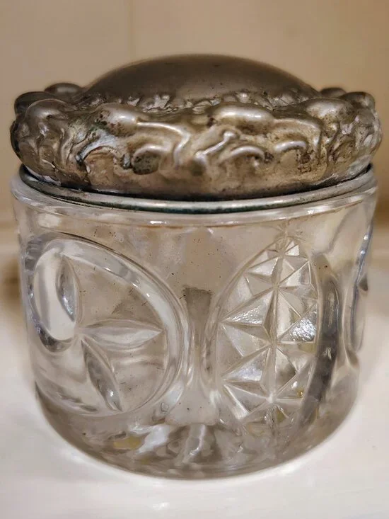Antique 1880-1890 Ornate Cut Glass Jar With Silver Lid