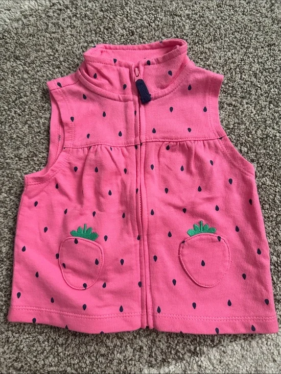 Pink Strawberry Print Sleeveless Zip Vest