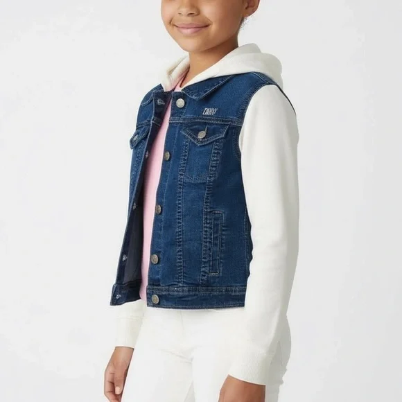 DKNY Blue Denim White Hoodie Jean Jacket Size L/12