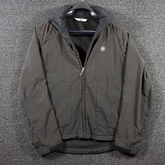 BMW Men's XL Softshell Fleece Lined Jacket Full Zip Stowable Hood Black Grey