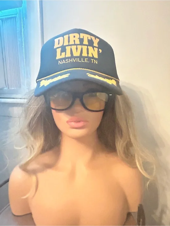 Dirty Livin' Nashville Trucker Hat black & Gold  yellow tinted glasses
