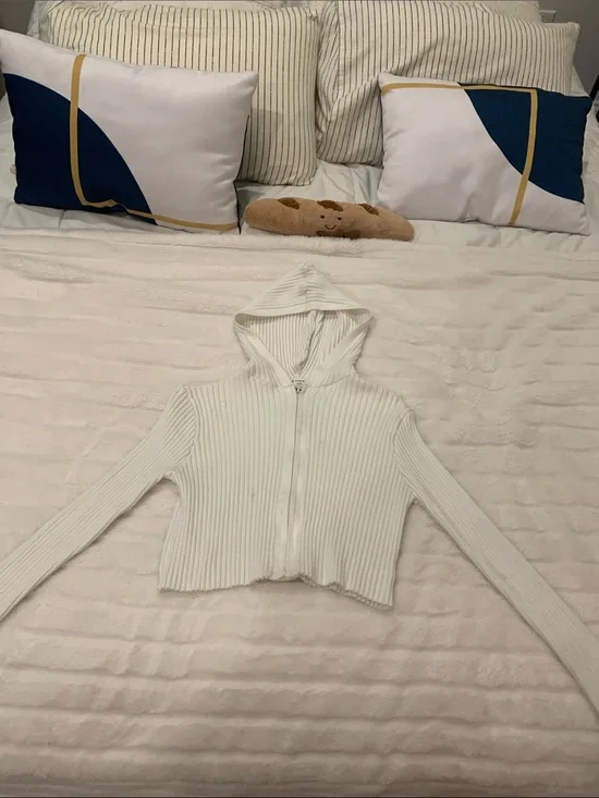 SHEIN White Ribbed Cropped Zip-Up Hoodie