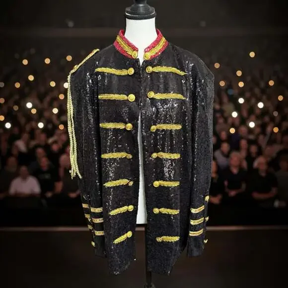 Harmonia NY Mens Black Sequined Military Parade Stage Performance Jacket with Go
