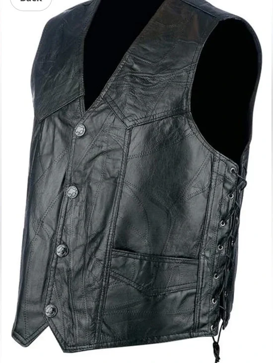 Rocky Ranch Hides Genuine Hog Leather Biker Vest featuring a patchwork design.