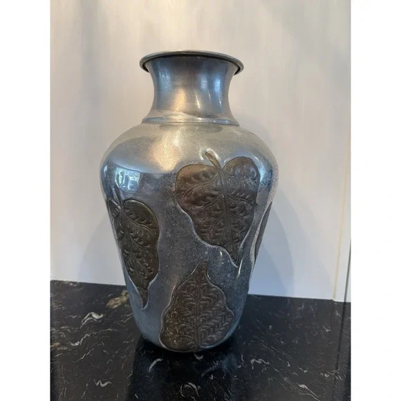 Vintage Large Art Nouveau Metal Vase With Brass Leaves 17.75