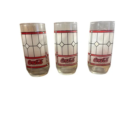 Vintage Set of 3 Tiffany‎ Style Frosted Drinking Glasses Enjoy Coca Cola