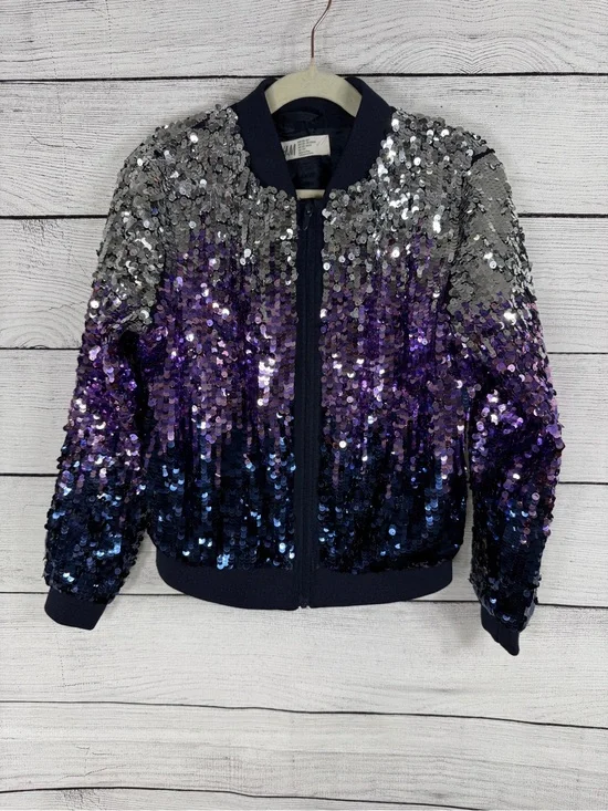 H&M Girls Ombre Sequin Bomber Jacket Silver Purple Navy Blue Size 7
