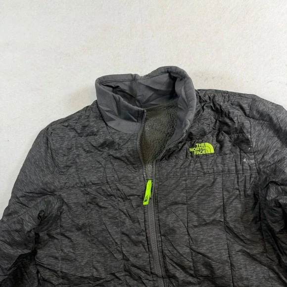 The North Face Boys XL 18/20 Grey Quilted Fleece Lined Full Zip Jacket Neon