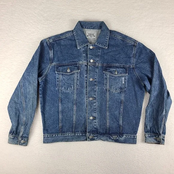Guess Jean Denim Trucker Jacket Mens Large Blue Flap‎ Pocket VTG USA Style 10807