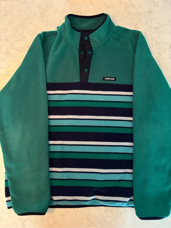 Lands' End Teal & Navy Striped Fleece Pullover-L