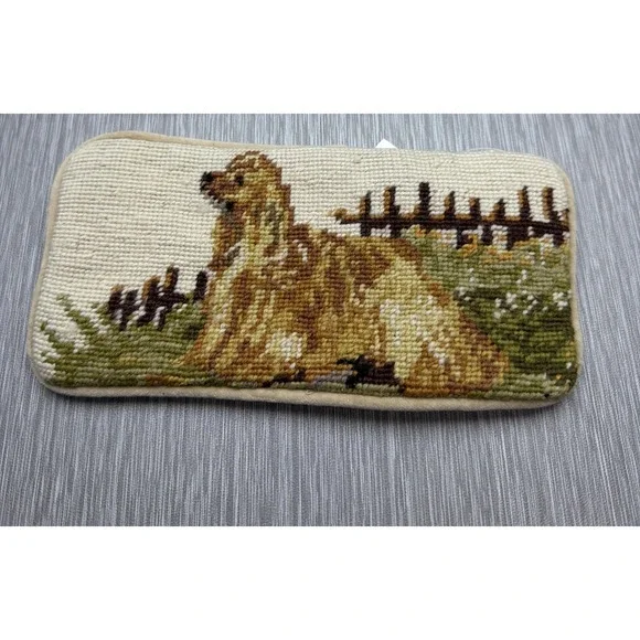 Vintage Wool Needlepoint Cocker Spaniel Dog Eyeglass Case Glasses Sleeve Beige