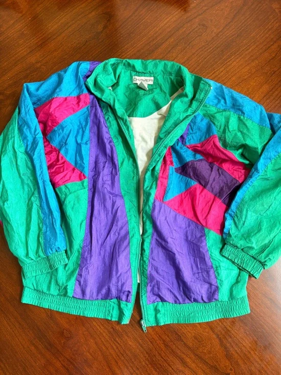 Adult' Colorblock Windbreaker Jacket in Green & Purple 1993 Small - READ