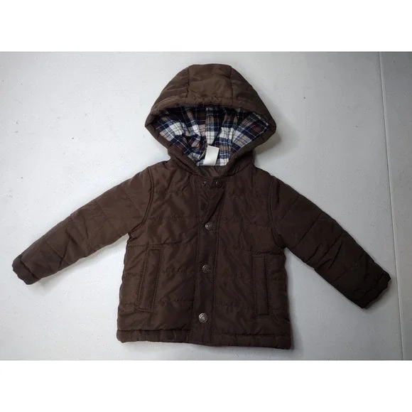 Carters Brown Quilted Puffer Jacket Hooded Plaid Lining 12 Months Baby Outerwear