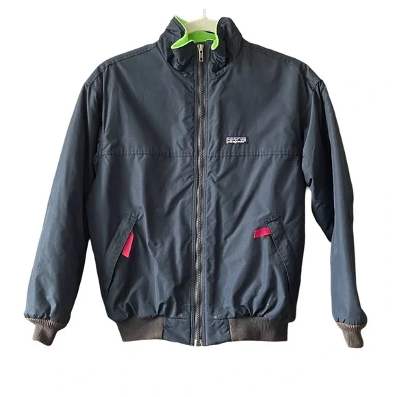 Patagonia Bomber Jacket Kids 14 Fleece Lined Winter Zip Navy Blue Green Made USA