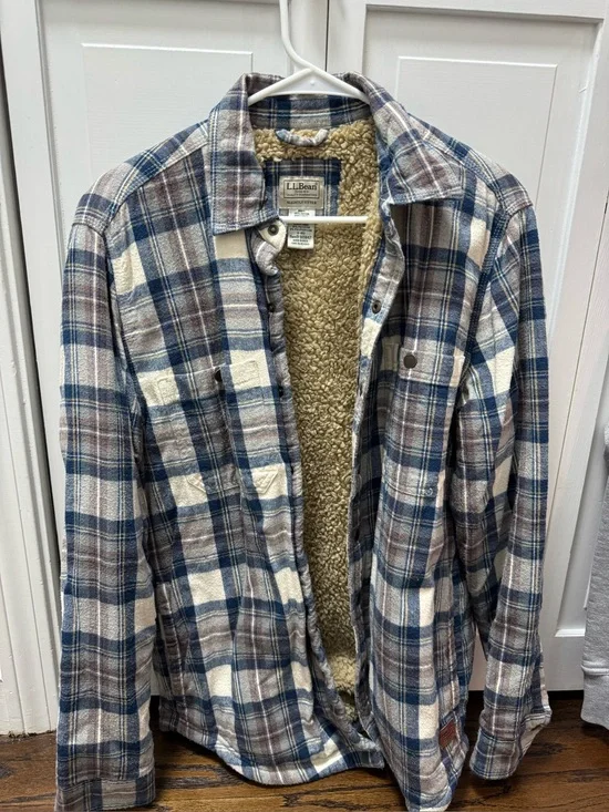 L.L. Bean Blue, White & Brown Plaid Sherpa-Lined Shirt Jacket