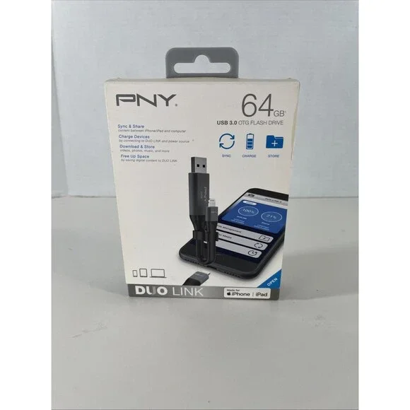 PNY - DUO Link 64GB USB 3.0 OTG Flash Drive for iOS Devices and Computers - Gray