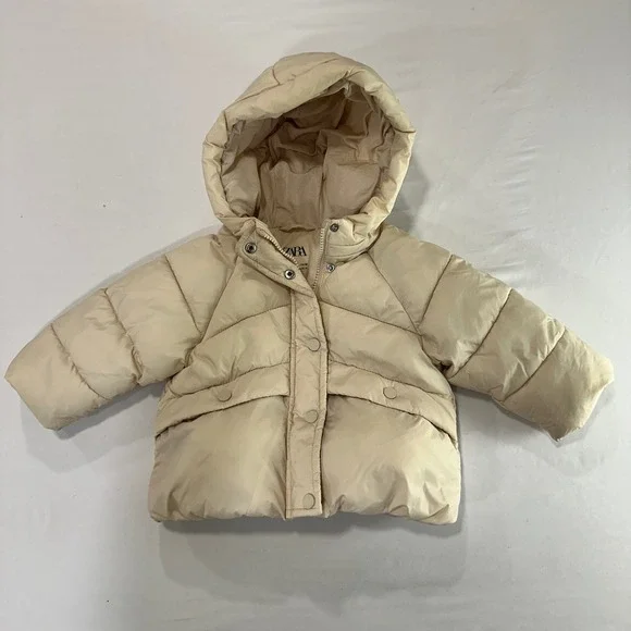 Zara Hooded‎ Puffer Jacket Kids 9-12 Months Cream Fleece Lined | Minimalist