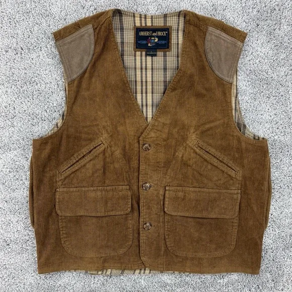 Vintage Amherst and Brock Vest Men L Brown Corduroy Lined Leather Shoulder Patch