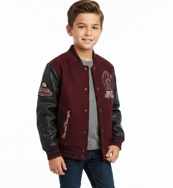 Ring of Fire Boys Varsity Jacket Med Burgundy Black Faux Leather Sleeve CA Bear