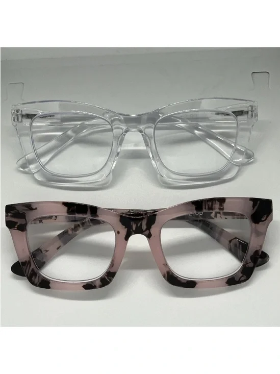 2 Pr. Oversized Pink Paint & Clear 2.25 Women Reading Glasses Square Readers New