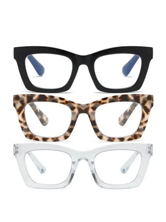 3 Pr. Oversized Black Cheetah Clear 2.0 Women Reading Glasses Square Readers New