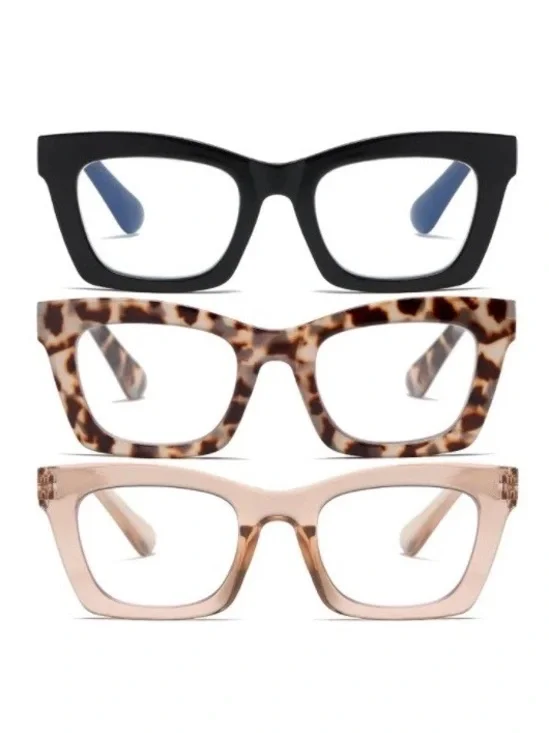 3 Pr. Oversized Black Cheetah Beige 2.0 Women Reading Glasses Square Readers New