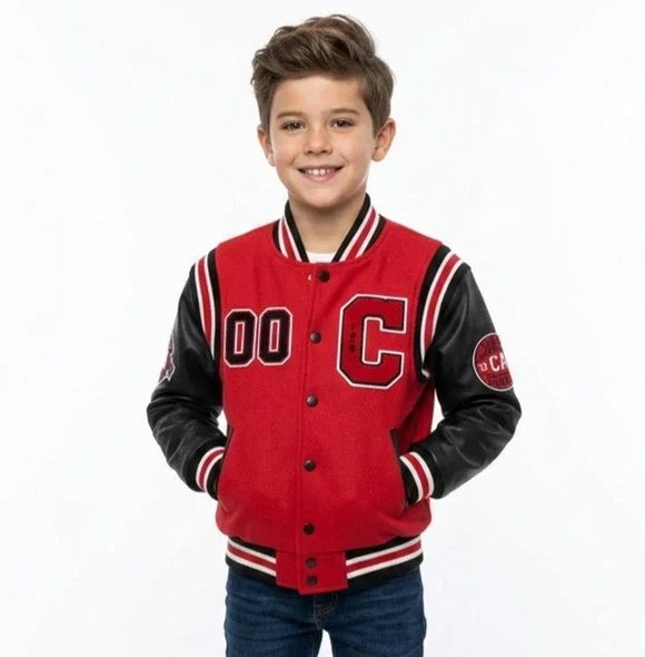 Ring of Fire Stallion Varsity Jacket Boys Med Red Faux Leather Wool Blend NWT