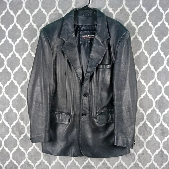 Wilsons Leather Blazer Jacket Men Large Black Notch Lapel Two Button Sport Coat
