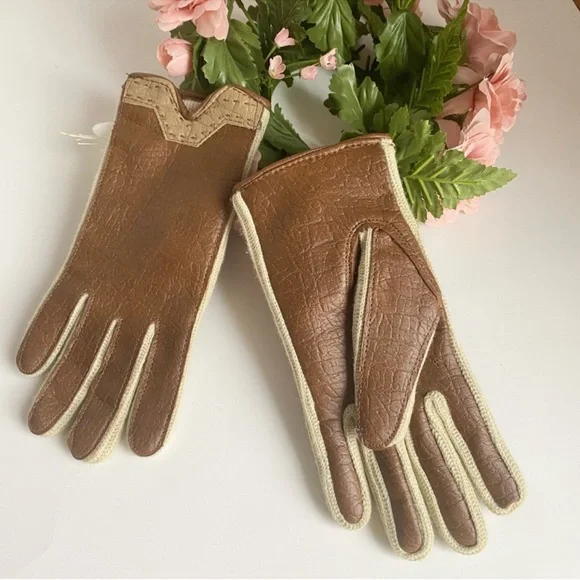 Vintage Van Raalte Brown Vinyl Pebble Knitted Lined Gloves