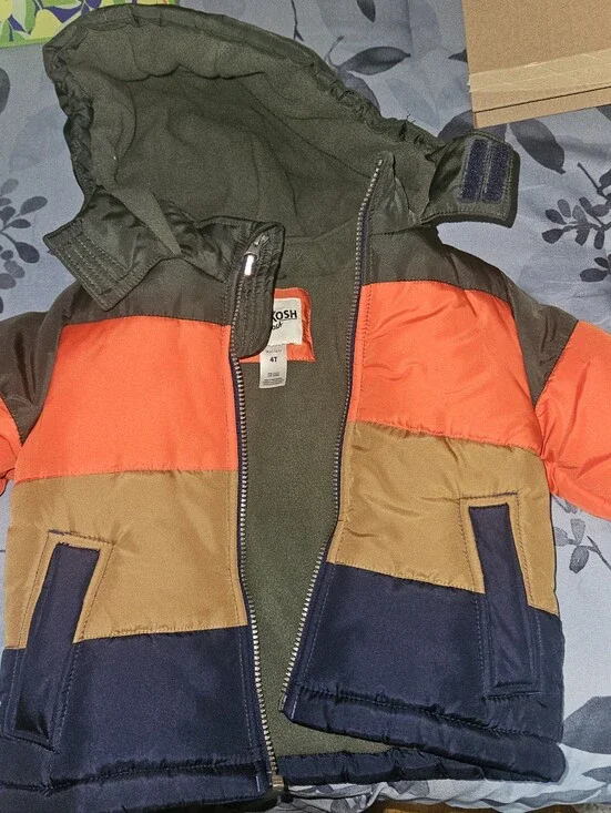 OshKosh B'gosh Orange, Olive, Tan & Navy Colorblock Puffer Jacket 4T