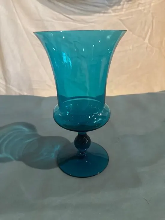 Vtg Morgantown Peacock Blue Glass Footed Urn Vase Mid Century Trumpet Stemmed 8