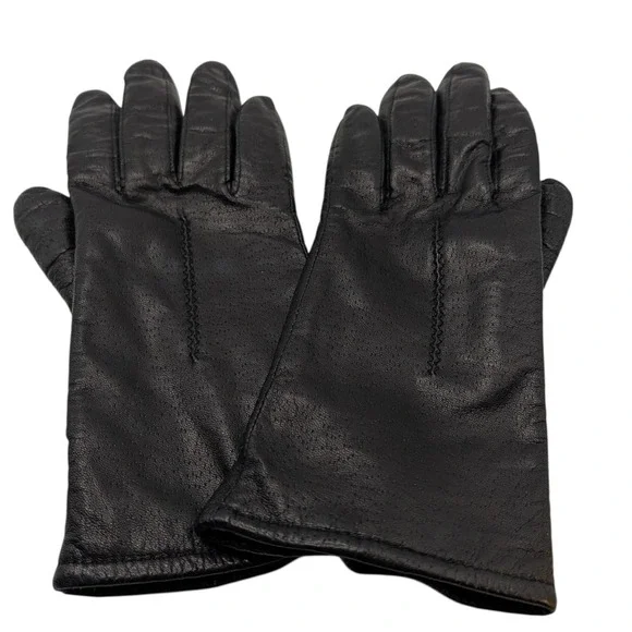 Vintage Pownes  Genuine‎ Leather Gloves Black Polyester Lined Womens Size 7.5