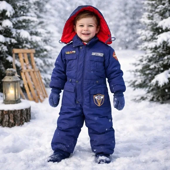 Kids Navy Blue Puffer Snowsuit with Red Lining - Air Force Patch