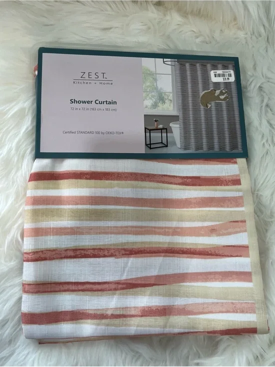 ZEST Kitchen + Home Striped Shower Curtain 72x72 Coral Beige White