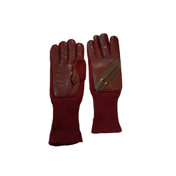 Vintage‎ Womens Burgundy faux Leather Knit Gloves Cozy Winter Fashion Accessory