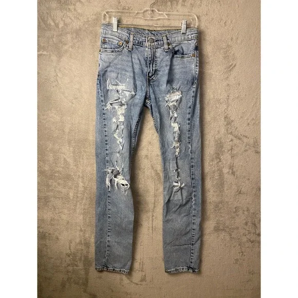Levi's Men's Jeans 29x32 Light Blue 511 Slim Distressed Denim Pants