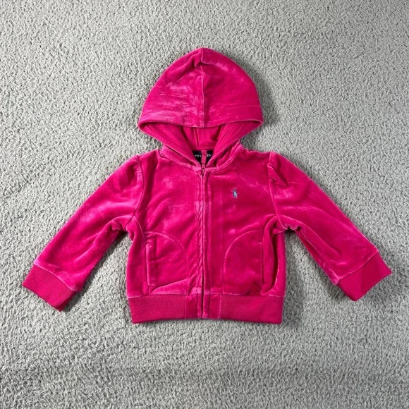 Ralph Lauren Tracksuit Girls 12M Pink Velour Zip‎ Hoodie and Pants Set Vintage