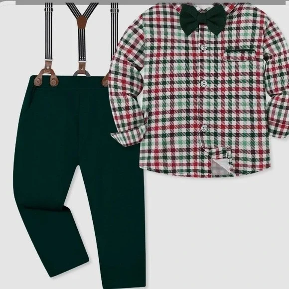 Boys 4-Piece Plaid Shirt Pants Suspenders Bow Tie Set Green‎ Red Holiday 4T 5T