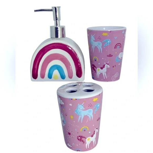 Kids Bath Accessories Unicorn Rainbow Toothbrush Holder Cup Soap Dispenser 3 PC