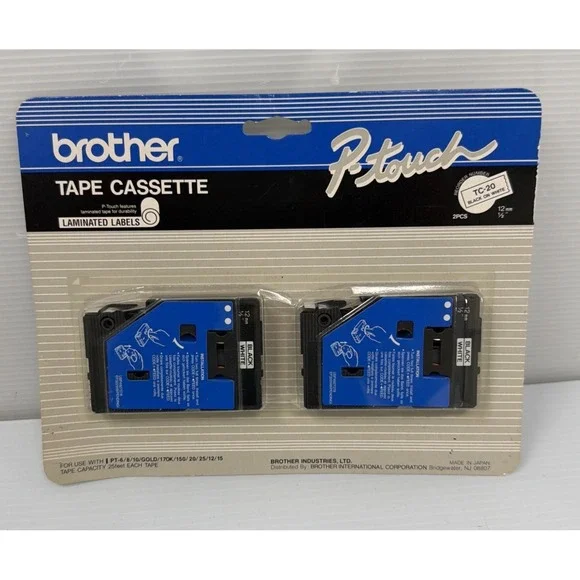 Brother P-touch Tape Cassette 2 Pack TC-20 Laminated Labels Black on White 1/2