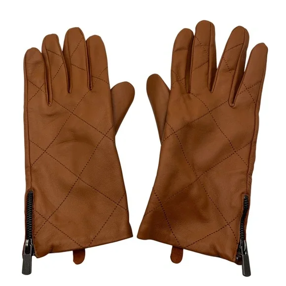 Chico's Gloves Women L/G Brown Leather Quilted Tech Friendly Zippered Moto Style