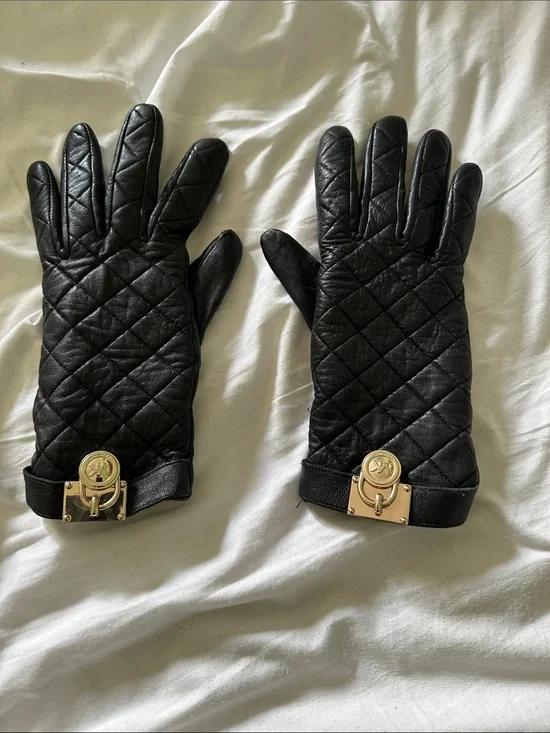 Michael Kors Black Quilted Leather Gloves with Gold Hardware