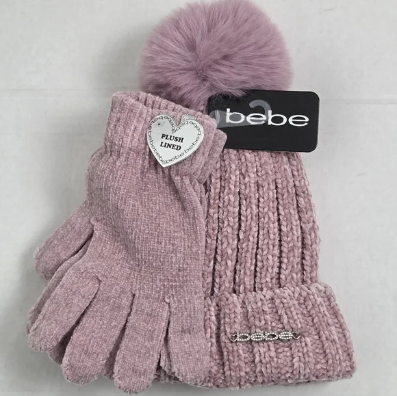NWT Bebe 2 Pc Lined Pink Pom Pom Beanie and Glove Gift Set
