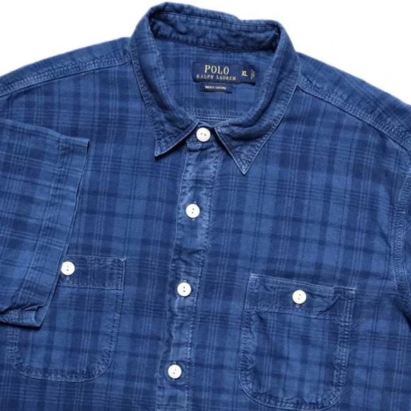 Polo Ralph Lauren Indigo Oxford Popover Shirt Mens XL Blue Plaid Beach Preppy