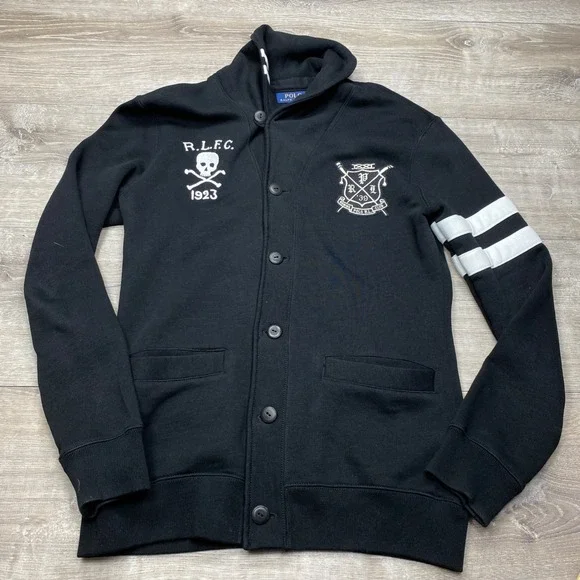 Polo Ralph Lauren Cardigan Mens S Black Skull Crest Rowing Club Varsity Sweater