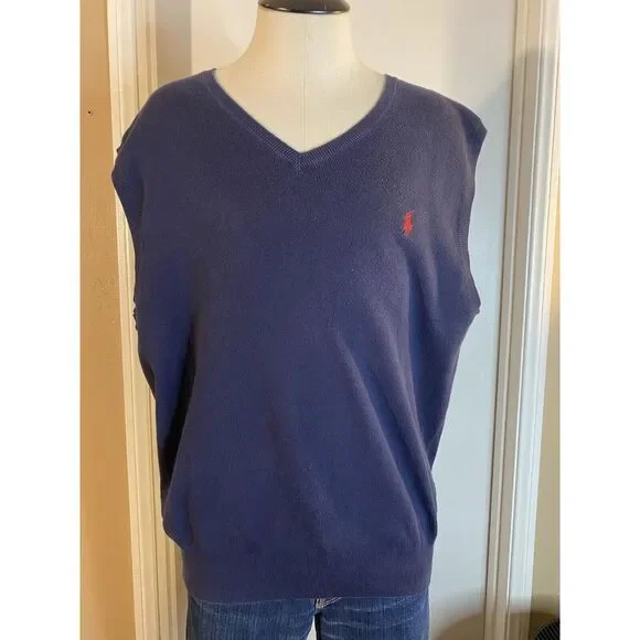 Men's Polo by Ralph‎ Lauren Pima Cotton Sweater Vest Blue/Orange Logo - Size L