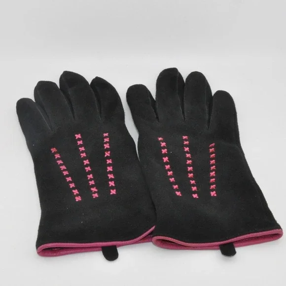 Deerskin Suede Gloves 7.5 Black Pink Embroidered Vintage‎ Style