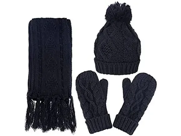 Andorra Gear Soft Warm Thick Cable Knitted Black Hat Scarf Gloves Set One Size