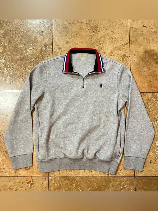 Polo Ralph Lauren Men’s Double Knit Tech 1/4 Zip Pullover Sweater Pockets Gray M